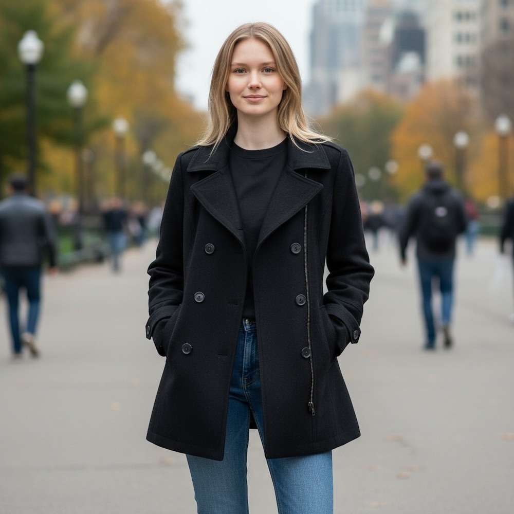 Lucky Brand Women's Black Double-Breasted Peacoat